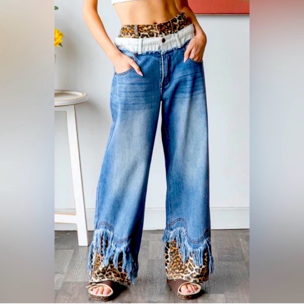 OLI AND HALI LEOPARD PRINT FRINGED OUT DOUBLED UP JEANS (XL)